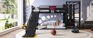 English Elm Twin Metal Loft Bed with Slide Basketball Hoop Climbing Wall and Built-in Shelves Black W1580S00342