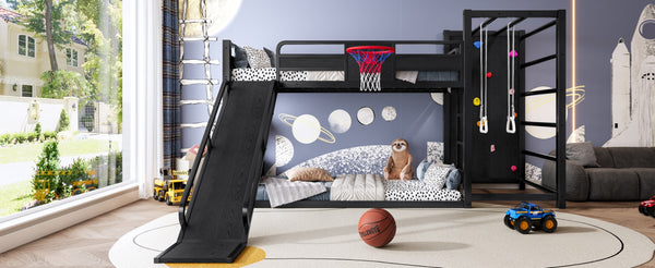 English Elm Twin Metal Loft Bed with Slide Basketball Hoop Climbing Wall and Built-in Shelves Black W1580S00342