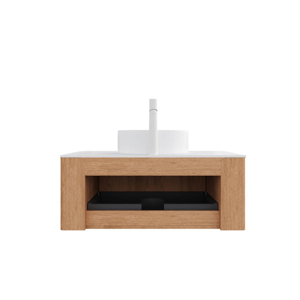 English Elm Dina Floating Bathroom Vanity Sintered Stone Top Glass Basin Striped Plywood Cabinet W2615S00438