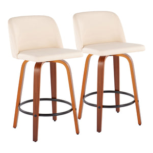 English Elm Toriano Mid-Century Counter Stool Set of 2 with Walnut Legs, Swivel Seat, Faux Leather Upholstery and Footrest Cream B202S00439