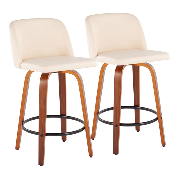 English Elm Toriano Mid-Century Counter Stool Set of 2 with Walnut Legs, Swivel Seat, Faux Leather Upholstery and Footrest Cream B202S00439