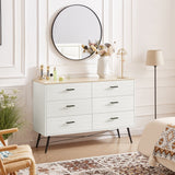 English Elm 6 Drawer Dresser For Bedroom With Deep Drawers, Wood Dressers & Chest Of Drawers, Modern White Long Dressers For Closet Living Room, 47.2"W X 15.7"D X 31.5"H, White & Oak