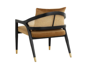 Sunpan KIRSTEN Lounge Chair - Coastal Chic Design with Rattan Back, Gold Sky Upholstery & Matte Black Frame 108716