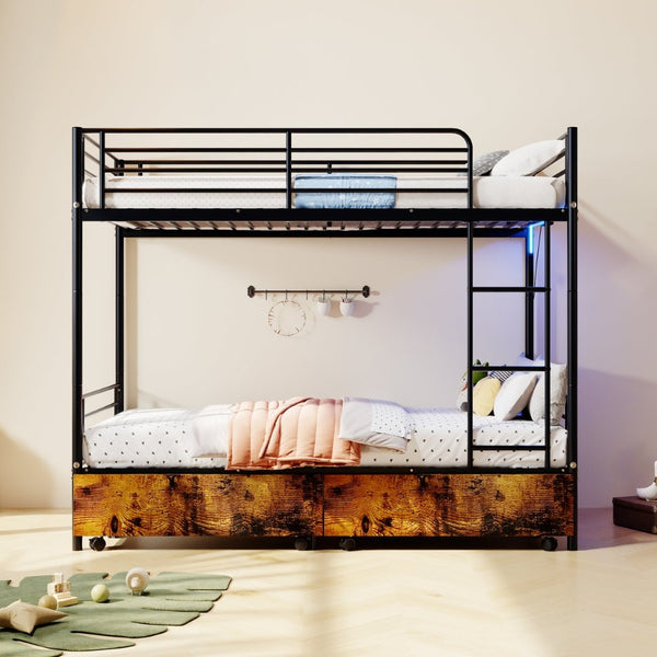 English Elm Bunk Bed Twin Iron Frame with Usb Charging Built in Guardrail and Convertible Design W3752P430830