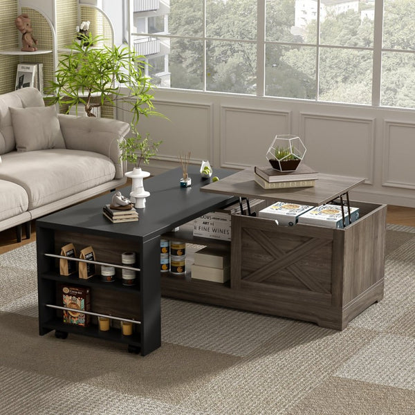 English Elm U-can Farmhouse Lift Top Coffee Table Barn Door Hidden Storage Living Room Brown+Black N724P351732E