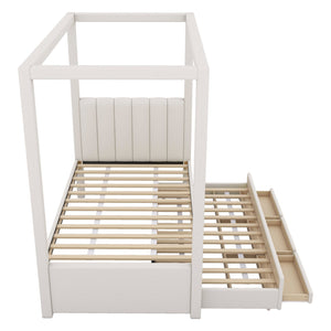 English Elm Twin Upholstery Canopy Platform Bed with Trundle & 3 Storage Drawers, Beige — Modern Pine Frame, 75.6"H DL001916AAA