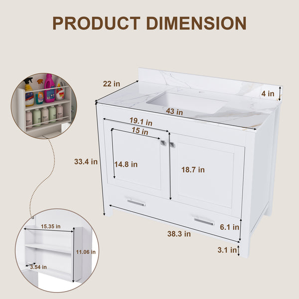 English Elm Modern 43" Bathroom Vanity With Karalakin Marble Top, Soft-Close Drawers & Versatile Storage Solutions W509S00141