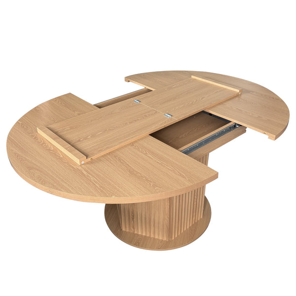 English Elm Round Adjustable Dining Table 47–63" for 4–6, Light Brown MDF & Rubberwood, Bump-Texture Base, 300lb Capacity W1347P296655