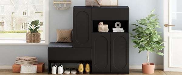 English Elm On-Trend Modern 2-In-1 Shoe Cabinet With Cushion, Adjustable Shelves & Elegant Arched Doors For Entryway N721P245716B-GIGA