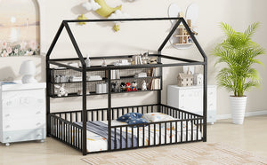 English Elm Full Metal House Bed Frame Full Size with Built-In Fence and 4 Grid Shelves for Durable Storage and Style Black N737P175361B