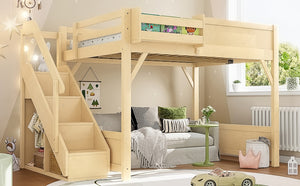 English Elm Twin Low Loft Bed Solid Pine Frame Kids Study Desk Blackboard Storage White Natural W1580S00549