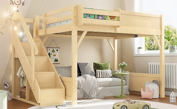 English Elm Twin Low Loft Bed Solid Pine Frame Kids Study Desk Blackboard Storage White Natural W1580S00549