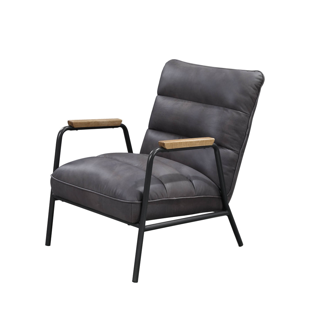 English Elm Grey Top Grain Leather Accent Chair with Full Foam Seat, Metal Frame, Matt Iron Legs, Modern Luxury B062P209158