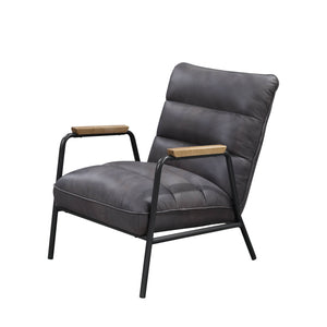 English Elm Grey Top Grain Leather Accent Chair with Full Foam Seat, Metal Frame, Matt Iron Legs, Modern Luxury B062P209158