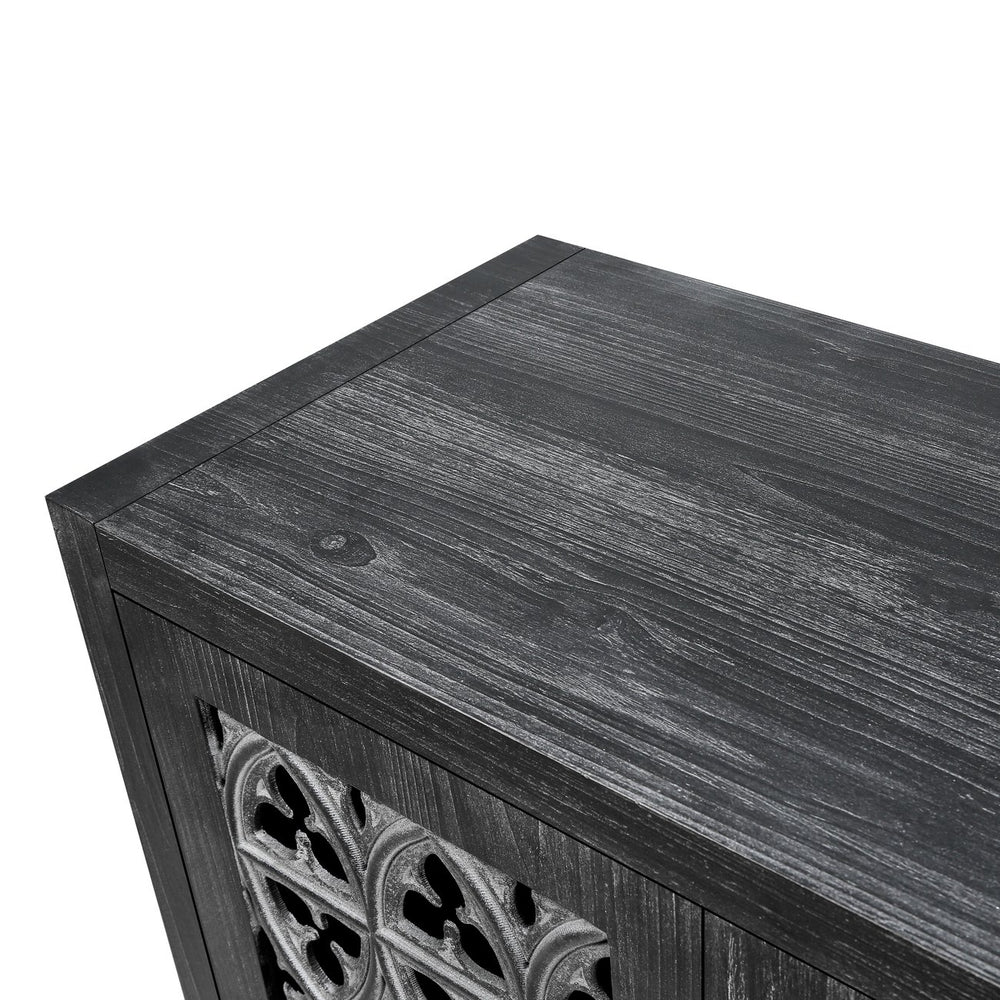 English Elm Hollow Four Door Wooden Cabinet with Floral Carved Doors, Slim Console Sideboard for Living Room TV Storage Antique Black W1445P146389