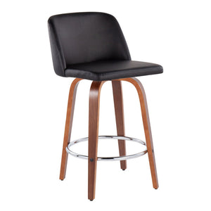 English Elm Toriano Mid-Century Modern Counter Stool Set Of 2 - Walnut Wood, Black Faux Leather & Chrome Footrest B202S00441-GIGA