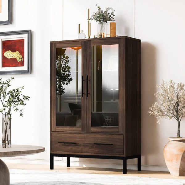 English Elm 60'' Tall Display Cabinet with LED Lighting, Tempered Glass Doors, 4 Adjustable Shelves & Drawers Black + Dark Walnut N845P261801D