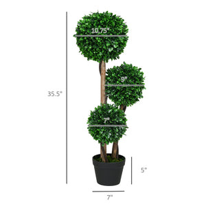 English Elm HOMCOM Realistic 3-Ball Boxwood Topiary 35.5" with Pot – UV-Safe Faux Plant for Indoor Outdoor Decor W2225P200815