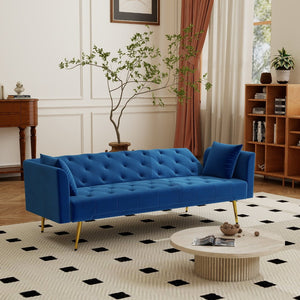 English Elm Modern Tufted Velvet Sleeper Sofa Retro Style Convertible Fold Flat for Compact Spaces Blue W2353P399459