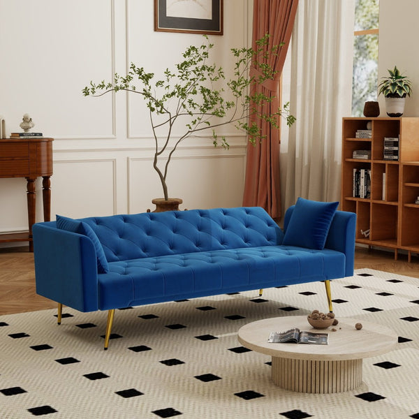 English Elm Modern Tufted Velvet Sleeper Sofa Retro Style Convertible Fold Flat for Compact Spaces Blue W2353P399459