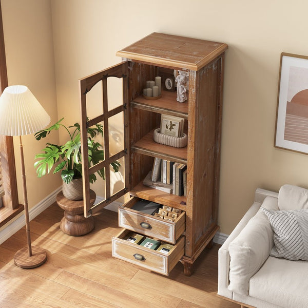 English Elm Rustic Solid Wood Tall Narrow Cabinet with Cutout Door Two Drawers Farmhouse Storage Antique Brown W2295P457182