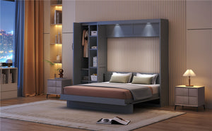 English Elm Queen Murphy Wall Bed with Led Lighting Open Shelves and Wardrobe Cabinet Storage LP000899AAE