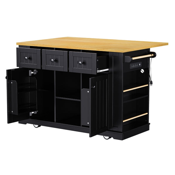 English Elm K&k 53 Inch Rolling Kitchen Island with Drop Leaf Power Outlet and Open Storage Racks Black N707S185531B