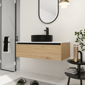 English Elm 36'' Floating Wall Mounted Vanity with Art Ceramic Vessel Sink and Soft Close Drawer W999S00363