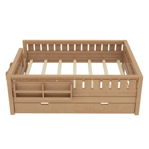English Elm Twin Kids Platform Bed with Trundle Staircase Bookshelf and Rounded Safety Rails Natural W1580S00561