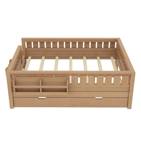 English Elm Twin Kids Platform Bed with Trundle Staircase Bookshelf and Rounded Safety Rails Natural W1580S00561