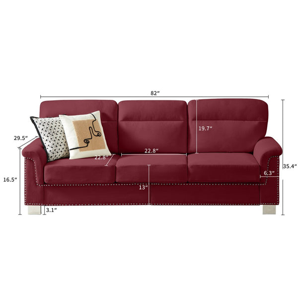 English Elm 82" Chesterfield Snowfleece Upholstered 3-seat Sofa Nailhead Trim Plush Living Room Burgundy W1359P386020