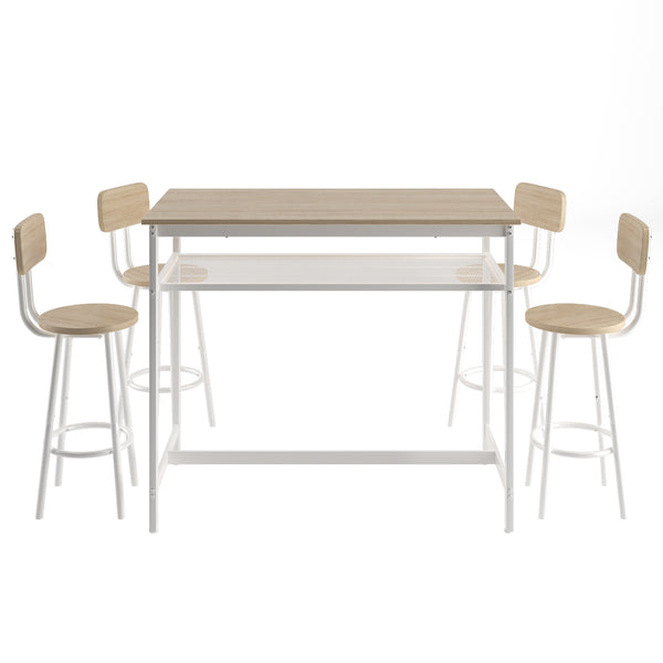 English Elm 5-Piece Espresso Counter Height Dining Set with Retro Distressed Top, Sturdy Metal Frame & 4 Stools White Oak W578104485