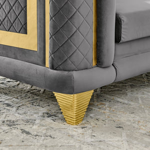 English Elm 89 Inch Gray Velvet Tufted Sofa Gold Steel Trim Victorian Mid-century Living Room W1191S00103