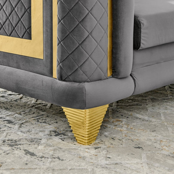 English Elm 89 Inch Gray Velvet Tufted Sofa Gold Steel Trim Victorian Mid-century Living Room W1191S00103
