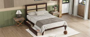 English Elm Full Full Size Bed with Rattan Headboard and Two Underbed Storage Drawers, Rubberwood Slat Support Espresso W504P269605