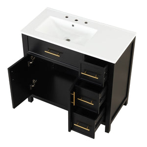 English Elm 36" Matte Freestanding Bathroom Vanity Solid Wood Cabinet Ceramic Sink Three Drawers Black N725P364205B