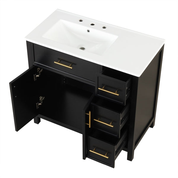 English Elm 36" Matte Freestanding Bathroom Vanity Solid Wood Cabinet Ceramic Sink Three Drawers Black N725P364205B
