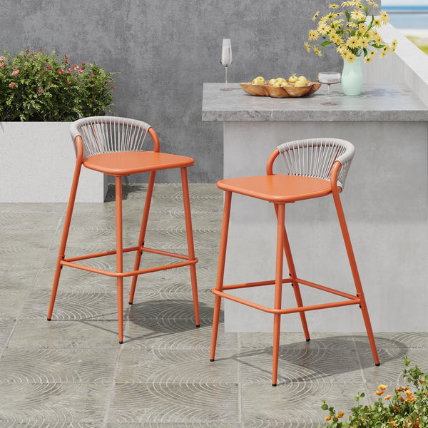 English Elm Christopher Knight Home® - Outdoor 29" Seat Height Aluminum Barstools with Rope Scallop Backrest, Rust-Resistant Patio Set Orange N772P247736O