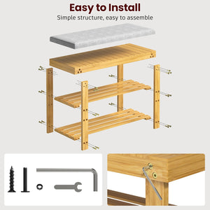 English Elm Bamboo 3-Tier Shoe Bench with Cushion & Adjustable Shelves, Durable Bamboo Frame, Khaki, 27.5" W T3210P293769
