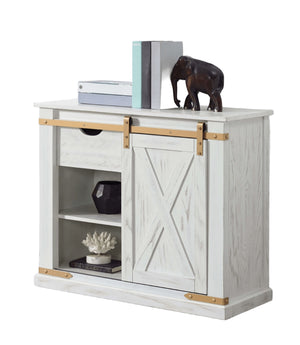 English Elm Rustic Glam Barnwood Coffee Table with Dual-Sided Center Drawer, Open Shelves & Metal Trim Accents Antique White,Gold 39 L x 18 W x 33 H B2741P320886