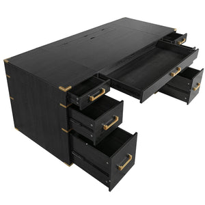 English Elm 70" Executive Writing Desk with Gold Metal Trim Seven Drawers and Built-in Power Outlets N751S376579B