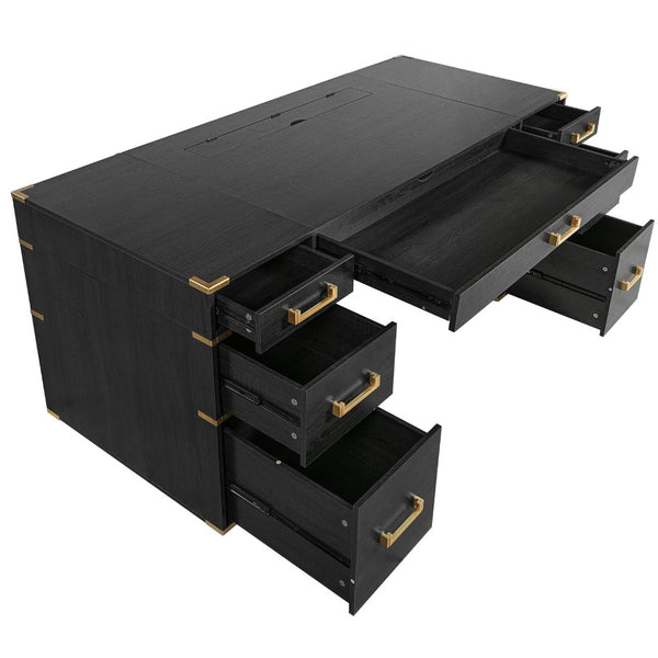 English Elm 70" Executive Writing Desk with Gold Metal Trim Seven Drawers and Built-in Power Outlets N751S376579B