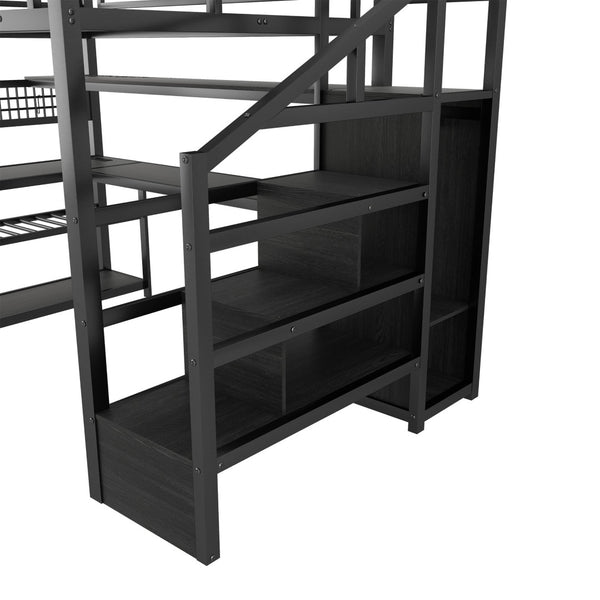English Elm Full Size Steel Loft Bed with Staircase Storage Wardrobe Desk and Led Lighting Black W2593S00060