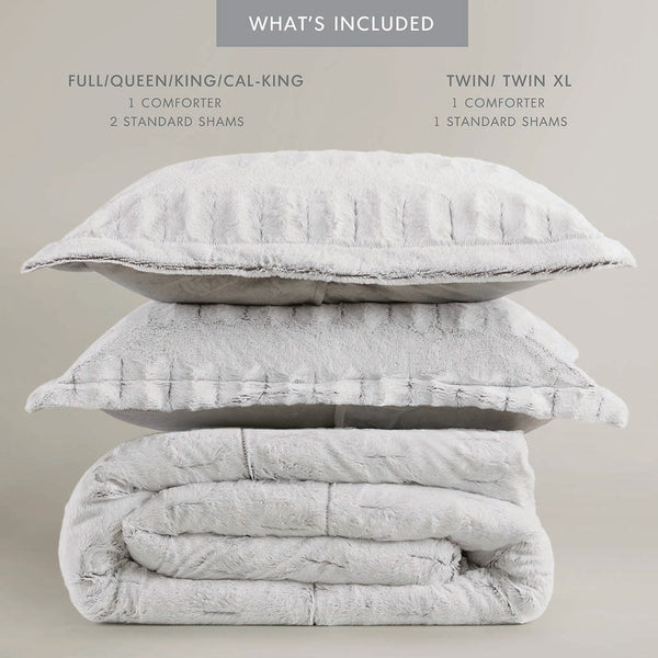 JLA Home Madison Park - Back Plush Reversible Long Fur Comforter Mini Set – Luxe hypoallergenic faux fur with silky mink reverse, OEKO-TEX certified, cozy warmth Gray/White MP10-7239