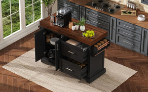 English Elm K&k Rolling Kitchen Island with Walnut Grain Countertop Drawers and Spice Rack Black N707S000025B