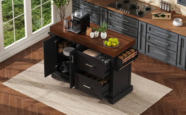 English Elm K&k Rolling Kitchen Island with Walnut Grain Countertop Drawers and Spice Rack Black N707S000025B