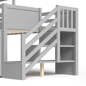 English Elm Full Size Metal Loft Bed with Stair Storage Shelves Bookshelf for Dorms Bedroom W1580S00396