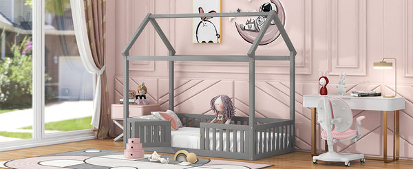 English Elm Twin Pine House Bed with Roof, Fence & Door — Enclosed Playful Design for Cozy Sleep and Imagination Gray WF531501AAE