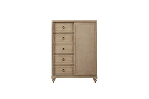 English Elm Queen Sand Canopy Bedroom Set with USB Nightstand, Cedar/Felt Drawers, Metal Accents & Mirror B2699S00058