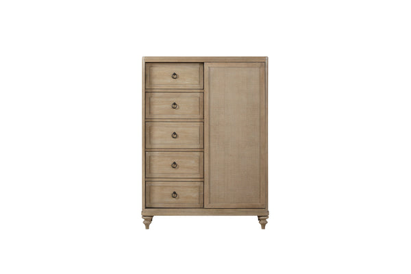 English Elm Queen Sand Canopy Bedroom Set with USB Nightstand, Cedar/Felt Drawers, Metal Accents & Mirror B2699S00058
